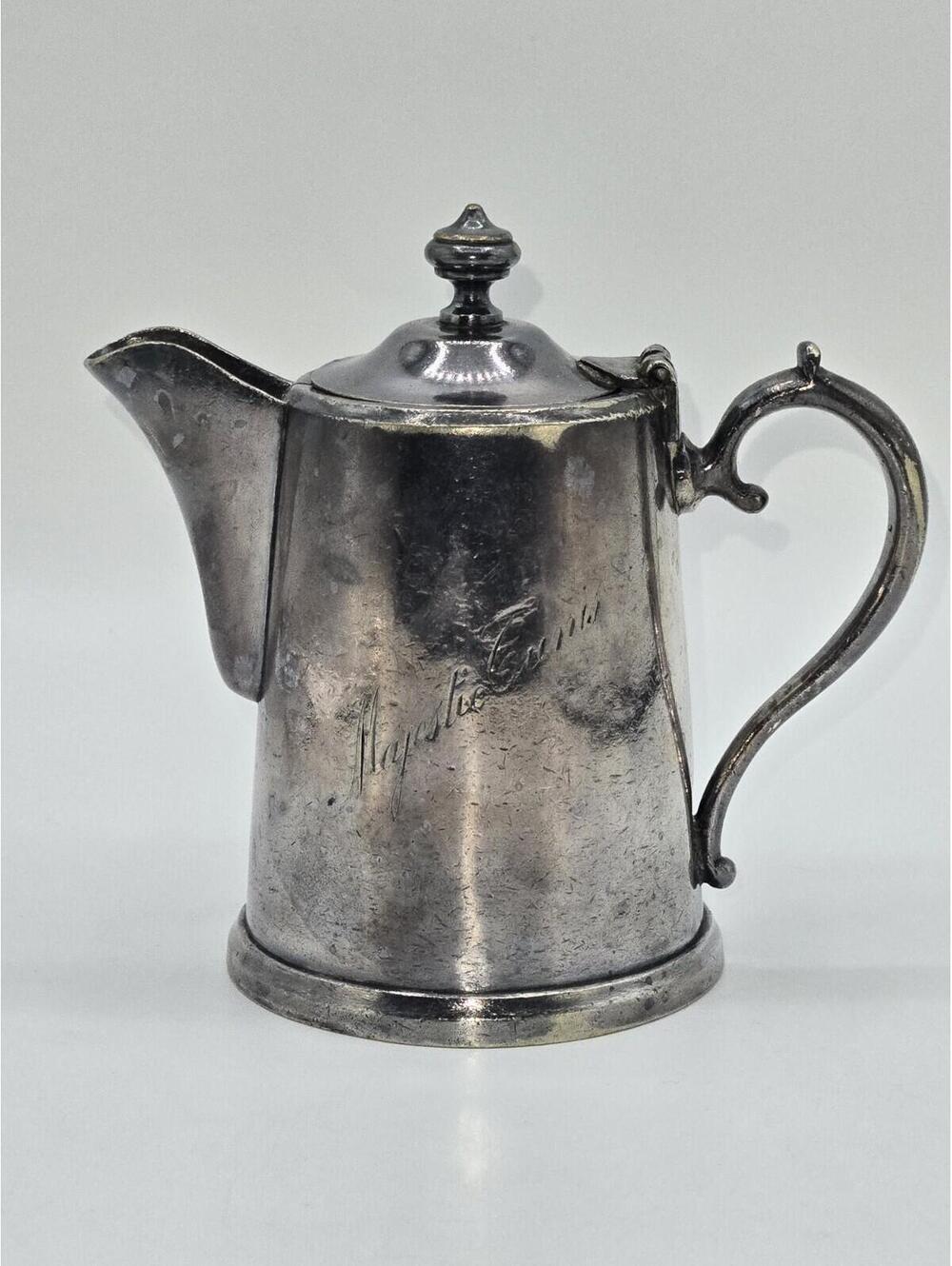 Vintage Pewter Creamer Tankard Pitcher Engraved‎ Personalization Hinged Lid